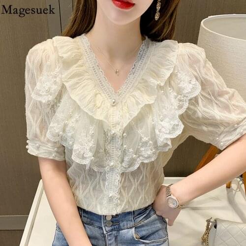 Korean Fashion Summer Ruffle Blouse Women New 2021 Casual Loose Beading Lace Shirt Chic Hollow White Cotton Tops Blusas 15536