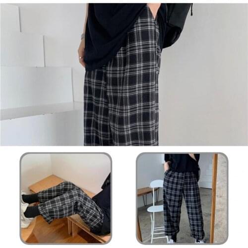 Women Casual Plaid Wide Leg Pants Lady Summer Pants All Match for Office