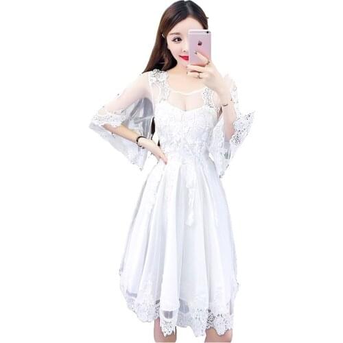 Summer dress female new fashion sexy hook flower hollow lace net red anchor dresses waist puffy fives split sleeve dresses Women
