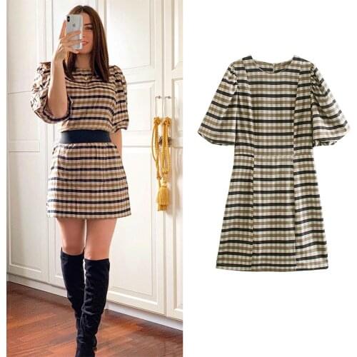 Za Fashion 2021 Women Dress Plaid Print Vintage Puff Sleeve Dress O Neck Straight Mini Dress Elegant Party Mujer Vestidos