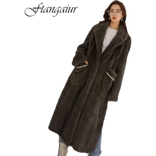 Fang Tai Fur 2019 Winter Velvet Mink Fur Overcoats For Femal Striped Pocket Slim Natural Mink Coat Womens X-Long Real Fur Coats