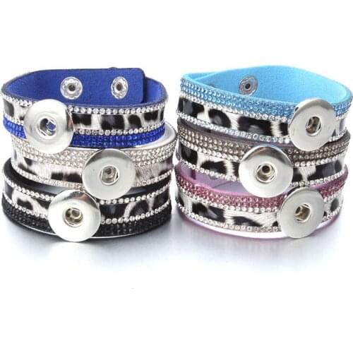 2019 Leopard Leather Snap Button Bracelet Bangles Jewelry Fit 18mm Snap Buttons Crystal Rhinestone Leather DIY Snap Bracelet
