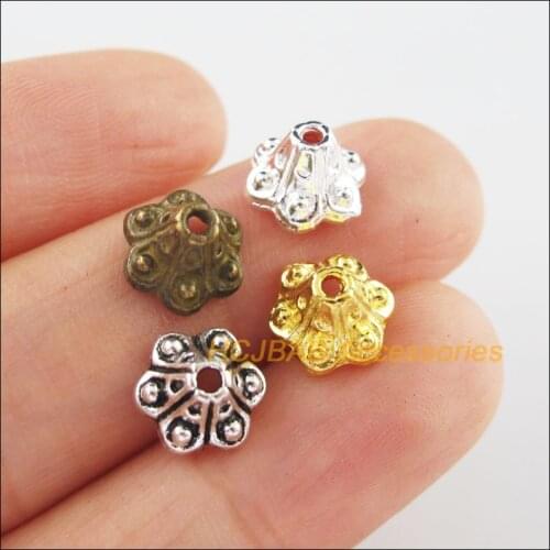 50Pcs Tibetan Silver Tone & Bronze Gold Color Retro Horn Flower Spacer Beads End Caps Connectors 9mm