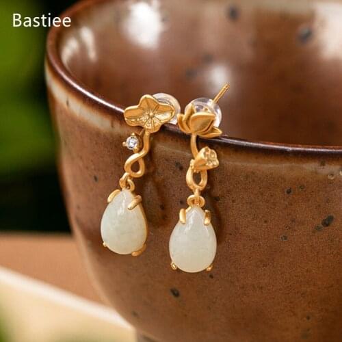Bastiee Earrings For Women Vintage Silver 925 Jewelry Korean Earrings Jade Dangle Earrings Silver Earrings Golden Plated