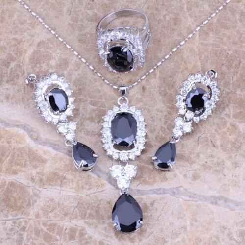Black Cubic Zirconia White CZ Silver Plated Jewelry Sets Earrings Pendant Ring Size 6 / 7 / 8 / 9 / 10 S0049