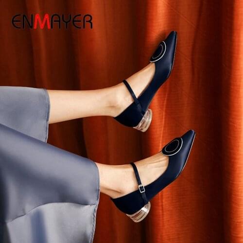 ENMAYER 2020 Casual Buckle Strap Wedding Shoes Fashion Basic Pointed Toe Luxury Shoes Women Designers Low Heels Pumps Size 34-40