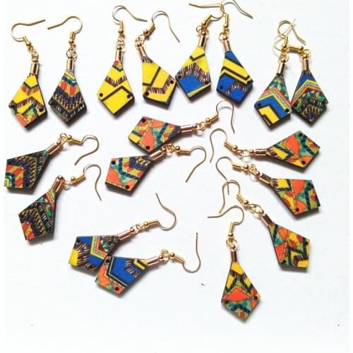 FUYIER New Mini Printing Flower Wood Earrings 8 Colors Gold Hooks Earring Square Clothing Art Earring Personality Wooden Jewelry