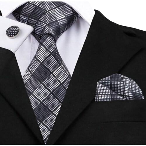 SN-1017 Tie Hanky Cufflinks Sets Black White Gray Plaid Mens 100% Jacquard Silk Neckties for men Formal Wedding Party Groom