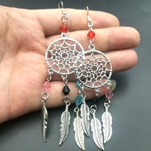 Gothic Dream Catcher Earrings Female Retro Color Hexagonal Beads Feather Leaf Pagan Earrings Wholesale Jewelry