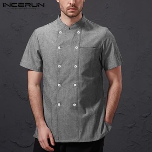 INCERUN Men Chef Uniform Short Sleeve Solid Color Double Breasted Kitchen Restaurant Food Service Tops Unisex Chef Jackets S-5XL