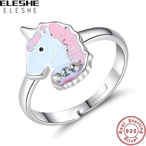 ELESHE 100% 925 Sterling Silver Finger Ring Pink Enamel Cute Unicorn Kids Ring for Baby Girl Children Fashion Jewelry Party Gift