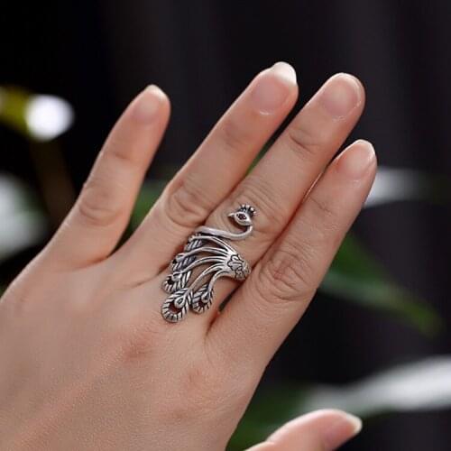 Fashion Vintage 925 Sterling Silver Peacock Rings For Women Punk Thai Silver Resizable Rings
