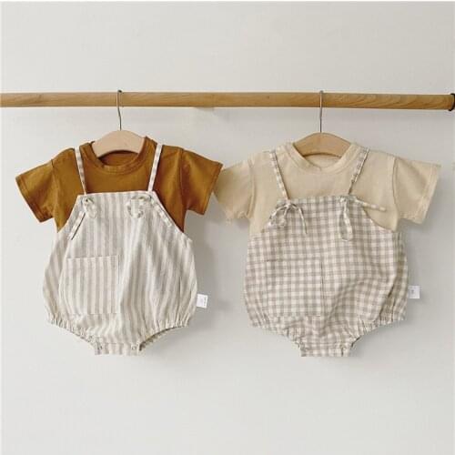 Nnewborn Summer Baby Boys Clothes Solid Tee and Plaid Bodysuits With Hat Infant Girls Clothing Twins Clothes 0-3Yrs Baby Clothe