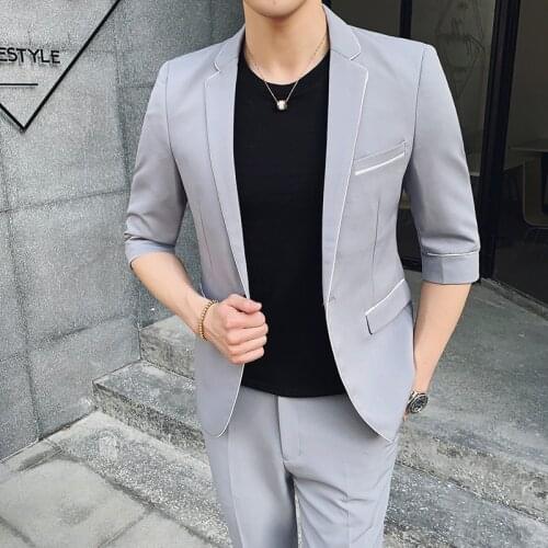 2-piece Young mens college style spring summer suits banquet party prom suits / male fashion slim half-sleeved suits nine pants