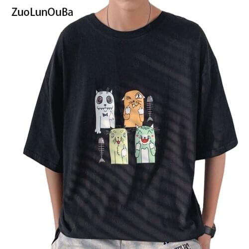 Summer black short-sleeved loose mens T-shirt cartoon printing Harajuku round neck T-shirt tops