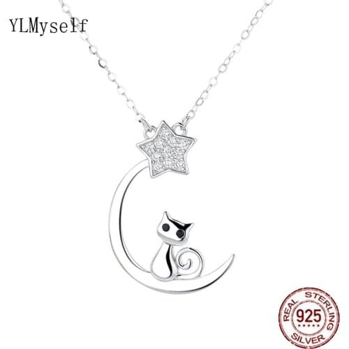 Real 925 Silver Lovely Cat Design Necklace With 40+5cm O Chain and Pave Sparkly Zircon Fine Jewelry Birthday Gift For Girl