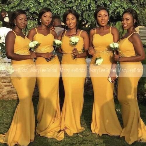 Gold Yellow Mermaid Bridesmaid Dresses Sweetheart Appliques Long Spaghetti Strap Maid Of Honor Dress Vestido de damas de novia