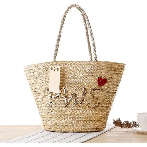 Casual Hand-embroidered Sequin Letters Straw Basket Bags Rattan Women Handbags Wicker Woven Shoulder Bag Summer Beach Large Tote