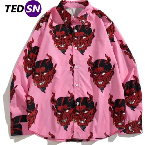 Devil Printed Shirts Mens 2021 Harajuku Streetwear Hip Hop Tops Casual Cotton Oversized Long Sleeve Shirt Pink Tops