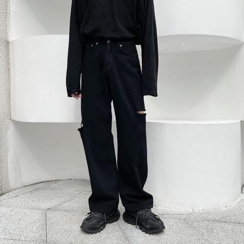 Ripped Jeans Mens Fashion Retro Casual Korean Straight Jeans Men Streetwear Wild Loose Hip-hop Hole Denim Trousers Mens