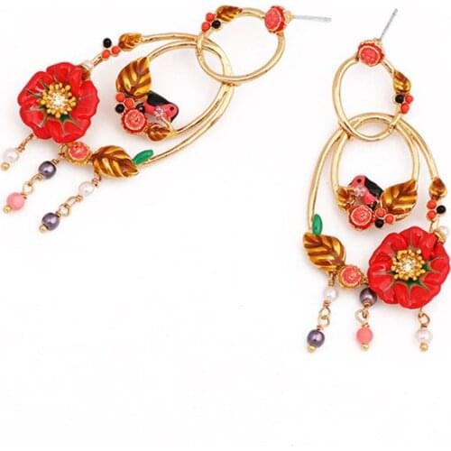 Autumn and winter new trend personality enamel red flower Stud earrings fashion tassel long geometric circle earrings jewelry