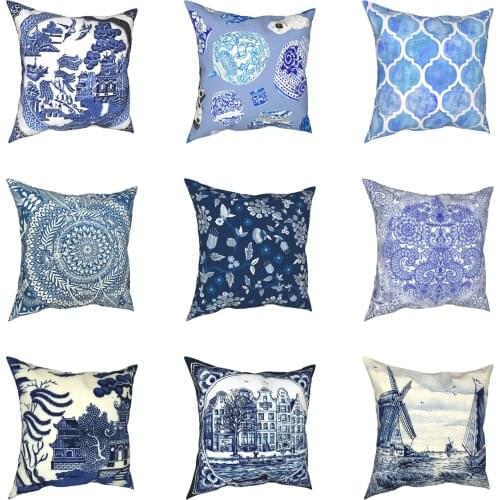 Blue Delft Oriental Pattern Pillow Cases Vintage Dutch Antique Cushion Covers Mandala Boho Decorative Pillowcase for Car 45x45cm