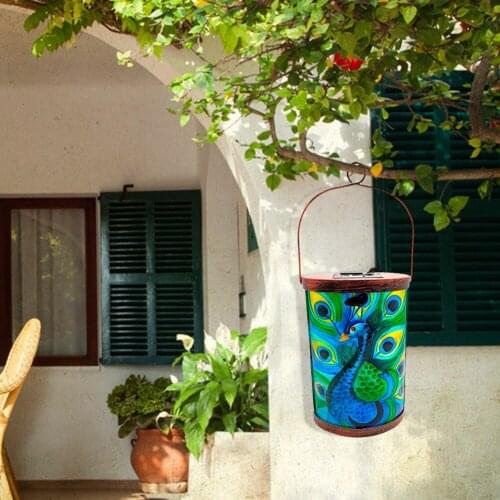 LED Solar Lantern Light Peacock Glass Painting Hanging Lamp Waterproof Outdoor Garden Yard Art Decorations