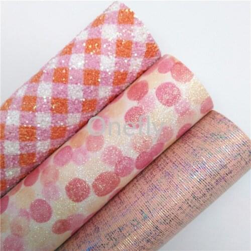 Onefly 21X29CM Dots and Plaids Printed Glitter Fabric, Iridescent Faux Fabric Sheets For Bow DIY handbags shoes BQ025