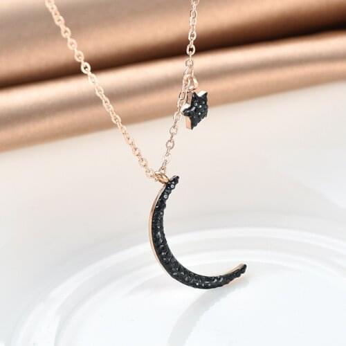 Korean Style Fashion Black Zircon Star Moon Pendant Women Necklaces Exquisite No Fade Stainless Steel Clavicle Necklace Jewelry