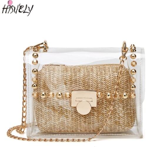 HISUELY transparent women shoulder bag transparent pvc messenger bag summer beach straw woven bag ladies wallet 2021