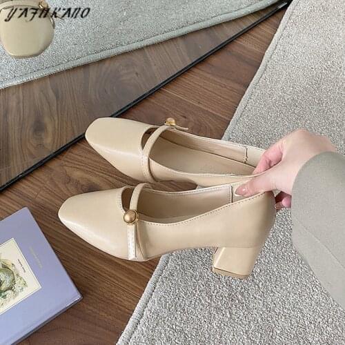 2020 New Retro French Style Single Shoes Mid-Heel Shallow Mouth Mary Janes Shoes Chunky Heel Womens Pumps Casual High Heels
