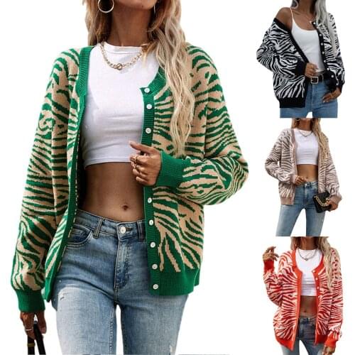 Women Fashion Button-down Knit Sweater Adults Loose Printed Long Sleeve Round Neck Cardigan