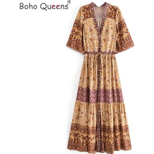 Boho Queens Women Floral print bat sleeve beach Bohemian happie sundress Ladies botton V neck Tassel Summer maxi dress