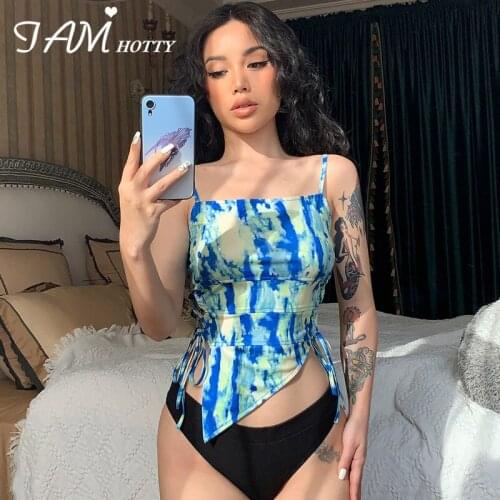Tie Dye Print Bandage Sexy Cami Top Tee Women Vintage Harajuku Sleeveless Cute Crop Top Corset Summer Aesthetic Vest Iamhotty