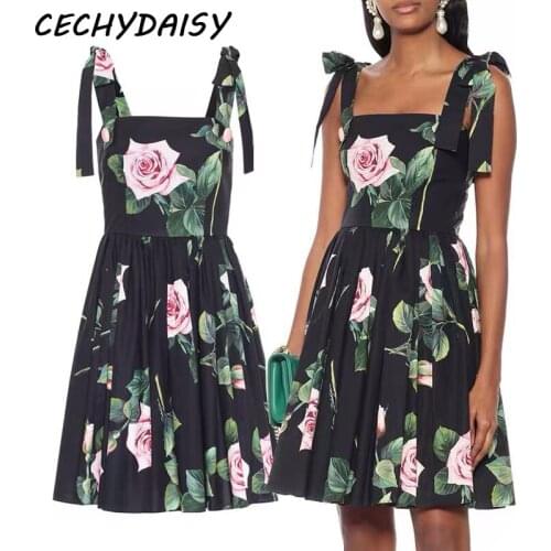 Runway Designer Mini Dress 2020 Women Rose Floral Print Elegant Sexy Black Party Birthday Vacation Spaghetti Strap Dresses mujer
