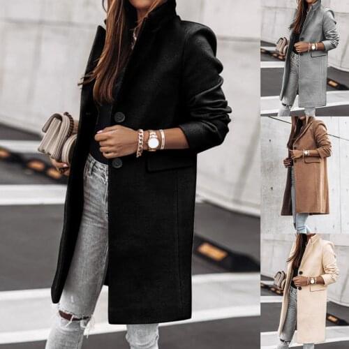 Winter Wool Coat Women Solid Color Lapel Collar Button Mid-length Jacket Coat Women Wool Blend Loose Woolen Coat Femme Overcoat