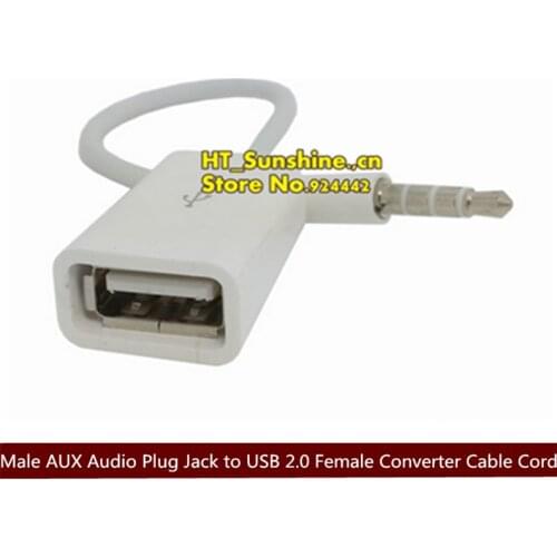 100pcs Free Shipping New White 3.5mm Male AUX Audio Plug Jack to USB 2.0 Female Converter Cable Cord