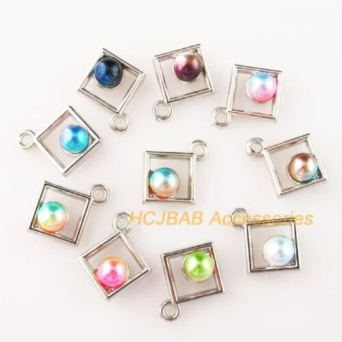 30 New Square Charms Colored Acrylic Dull Silver Plated Pendants 15x18mm