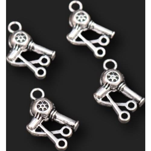 40pcs Silver Plated Mini 3D Hairdryer/Scissors Barbers Pendants DIY Charms Hip Hop Bracelet Keychain Metal Jewelry Crafts Making