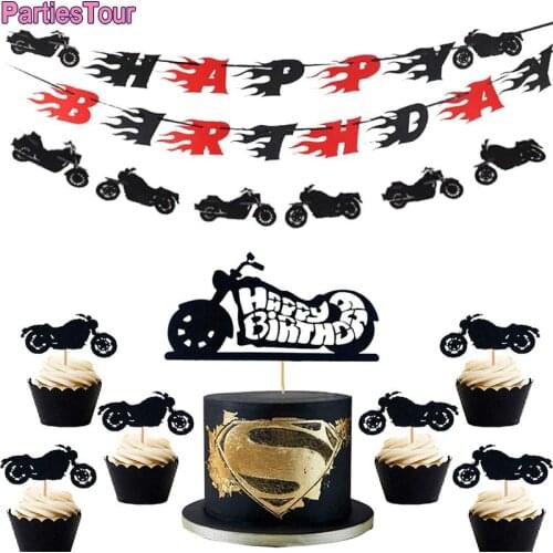 Motorcycle Birthday Banner Bike Motorcycle Birthday Decor Scooter Cake Toppers Race Birthday Decor for Man’s or Boy’s Birthday