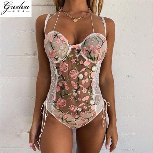 New Ladies Teddy Bodysuit Lace Embroidered Bandage Sexy Lingerie Mesh Thin See-through Sling Bra Womens erotic Underwear Set