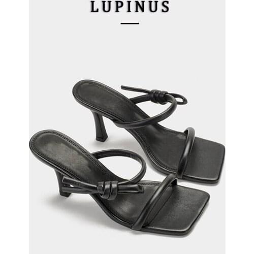 Summer Women Sandals Black Leather Women Mules Bowknot High Heels Women Open Toe Women Slippers 2021 Fashion White Shoes Woman