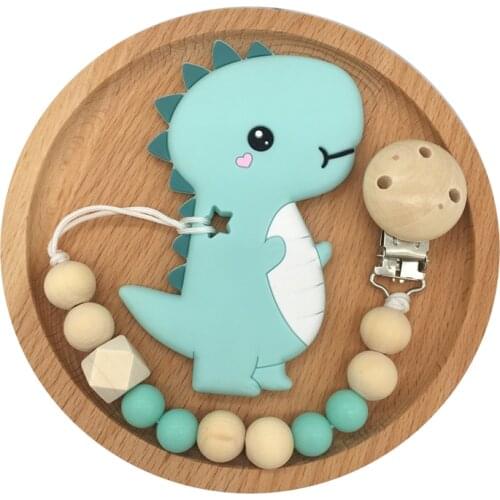 Baby Pacifier Clip Chain Cartoon Dinosaur Teether Wooden Beads Dummy Clip Soother Chew Leash Nipple Holder Teether