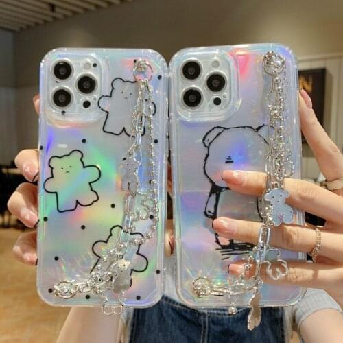 For iPhone 12mini 11 Pro X Xr Xs Max Straight Edge Cartoon Bear Phone Case iPhone 7 8 Plus Soft TPU Cover with Laser Cardboard