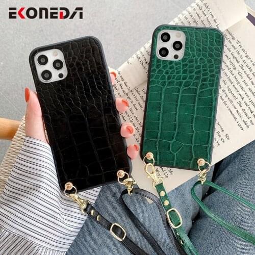 EKONEDA Crossbody Neck Shoulder Strap Case For iPhone 11 12 Pro XS Max X XR 6S 7 8 Plus SE Case Crocodile PU Phone Back Cover