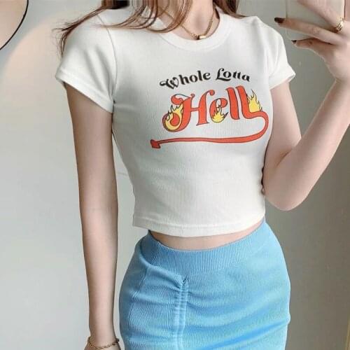Women Print Front Fitted Crop T-shirt Rib Short Sleeve Crop Top S936