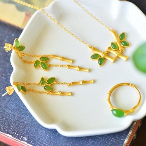 Hetian jade jade bamboo necklace women inherit ancient gold craft clavicle chain green antique earrings Hanfu ring