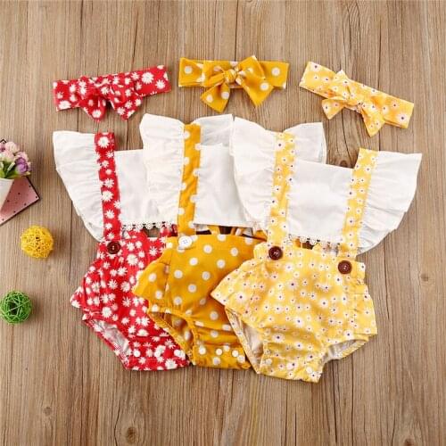 0-24M Newborn Infant Baby Girls Romper Headband 2pcs Sunflowers/Polka Dot Print Ruffles Short Sleeve Jumpsuit