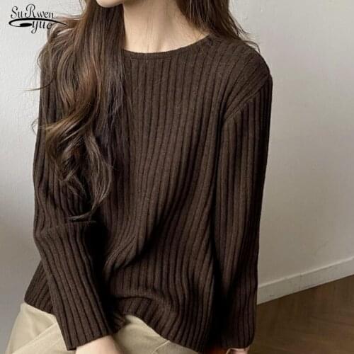 2021 Korean Elegant Knitted Sweater Casual Oversize Warm Pullover Fashion Solid Top Chic Loose Autumn O-neck Split Sweater 17119