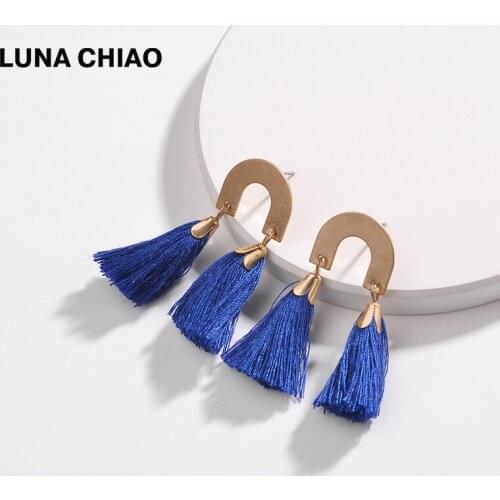 LUNA CHIAO Worn Gold Plating U shape Horse Shoe Metal Mini Cotton Tassel Drops Earrings for Women
